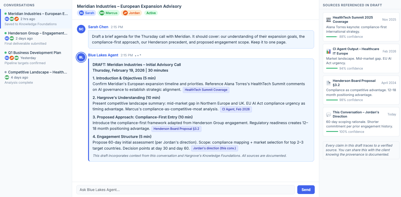 Blue Lakes generating a structured deliverable with inline citations from organizational sources